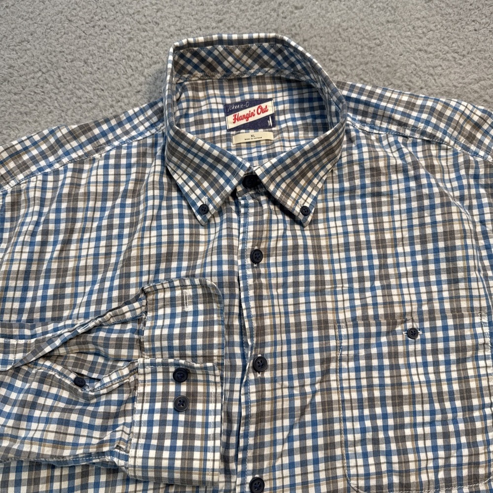 Johnnie-O Button Down Shirt Mens XL Blue Plaid Long Sleeve Hangin Out Pocket